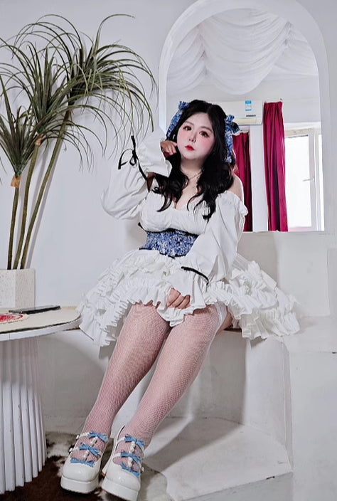 Plus Size Long Sleeve White Lace Sweet Lolita Short Dresses 3XL Lolita Dress One Piece Dress
