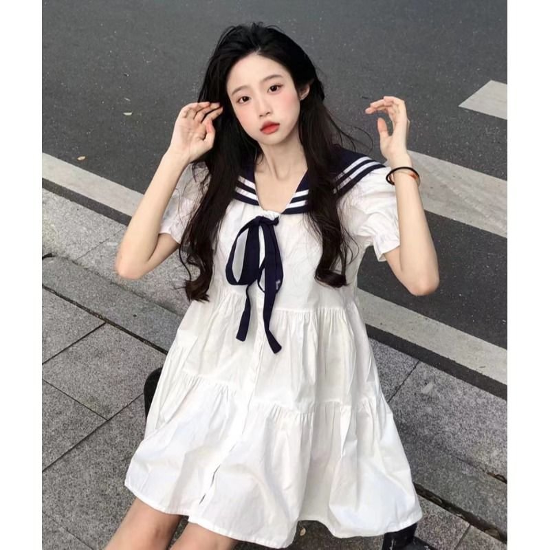 Plus Size Short Sleeve Sweet Navy Collar Dress Women's Summer Loose College Style Bubble Sleeves 4XL Lolita Dress One Piece Dress