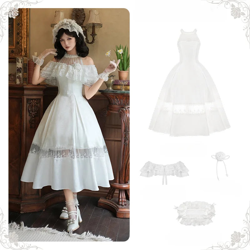 [Pre]Classic Lolita White Dress A Tribute Gemini Neck Waist Summer Daily Light Lolita