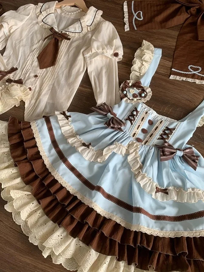 [Pre] Mint Chocolate Sweet Lolita Set Cute Strap Dress Shirt Ruffles Bow Blouse