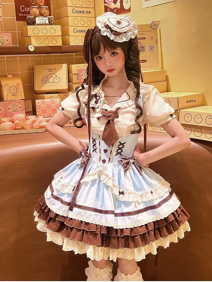 [Pre] Mint Chocolate Sweet Lolita Set Cute Strap Dress Shirt Ruffles Bow Blouse