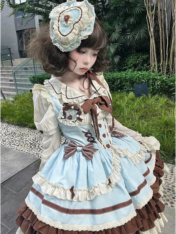 [Pre] Mint Chocolate Sweet Lolita Set Cute Strap Dress Shirt Ruffles Bow Blouse