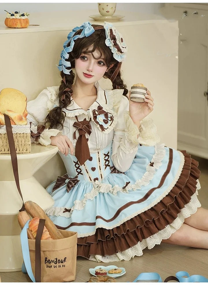 [Pre] Mint Chocolate Sweet Lolita Set Cute Strap Dress Shirt Ruffles Bow Blouse