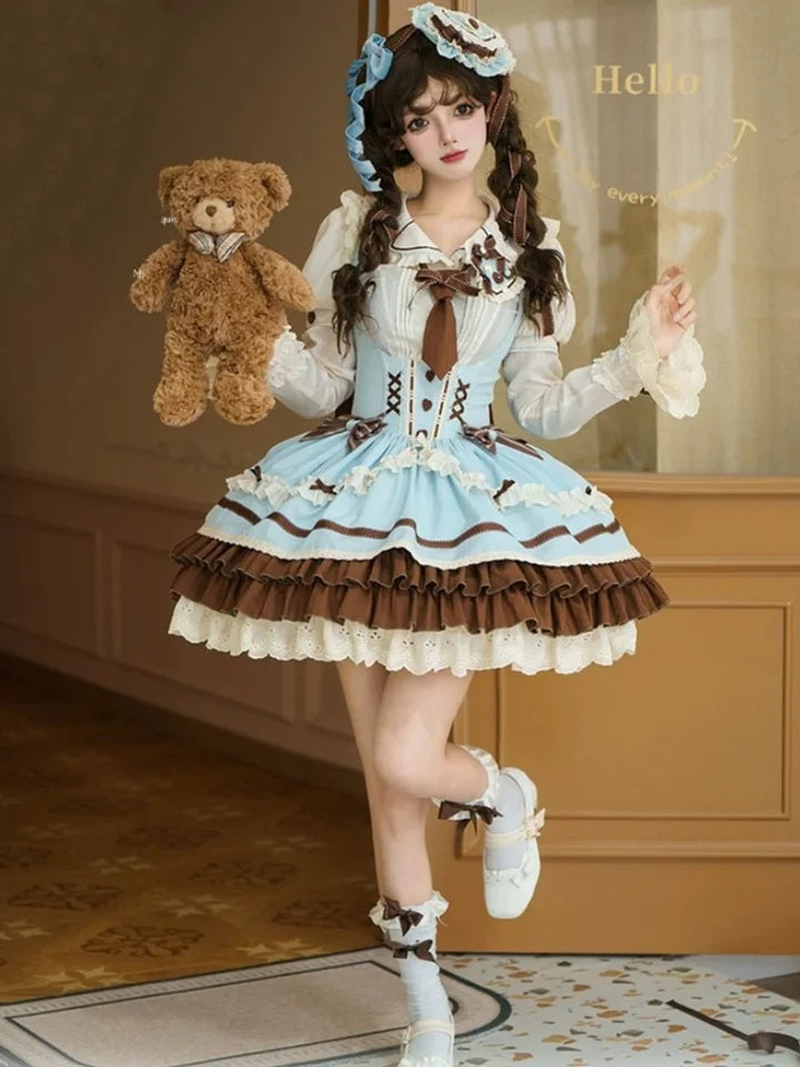 [Pre] Mint Chocolate Sweet Lolita Set Cute Strap Dress Shirt Ruffles Bow Blouse