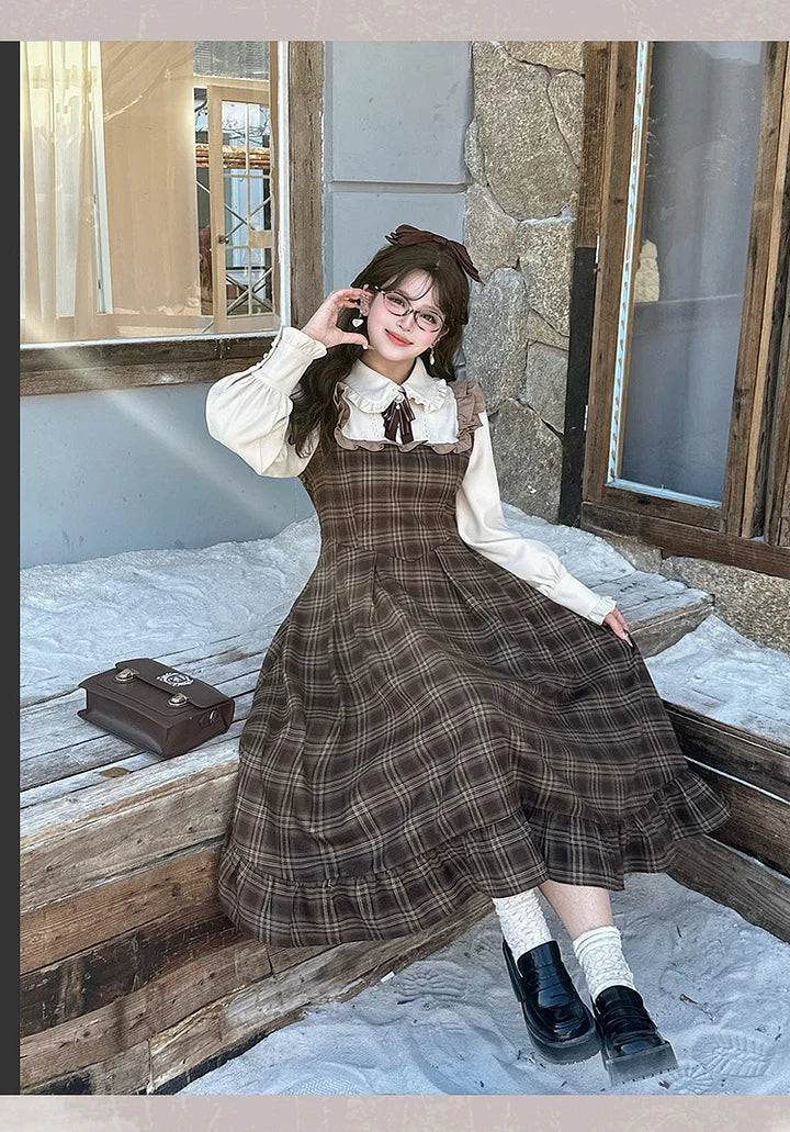 [Pre] Brown Vintage Preppy Style Plus Size dress elegant British style Lolita Dress in Autumn&Winter