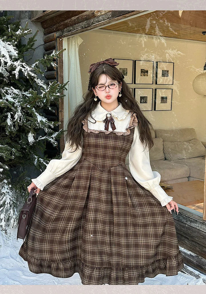 [Pre] Brown Vintage Preppy Style Plus Size dress elegant British style Lolita Dress in Autumn&Winter