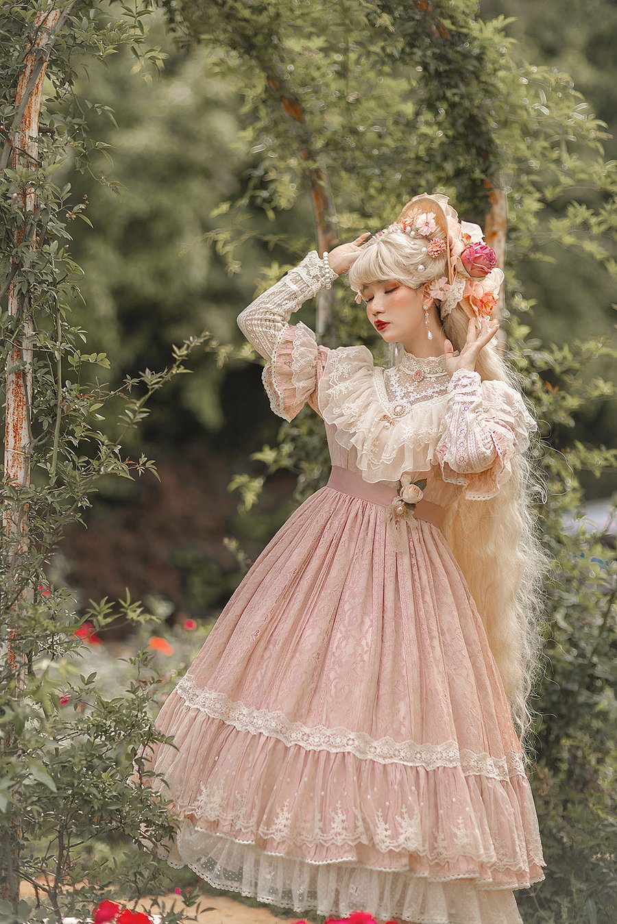 [Pre] Hime Lolita Rose Lace Pure Color Lolita OP Elegant Long Dress