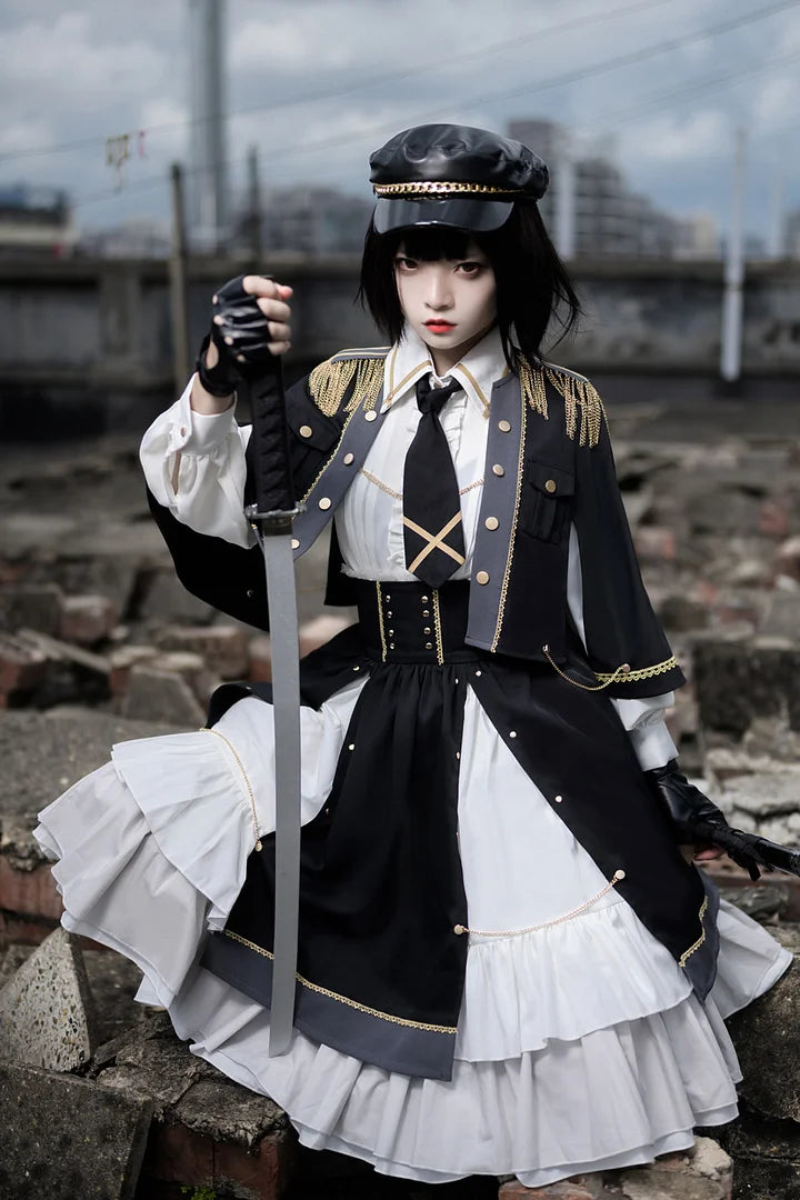 [Pre] Military Lolita Goth Lolita Girl Commander Black Red Set Dress Cool Outfit Punk Style Cloak Skirt