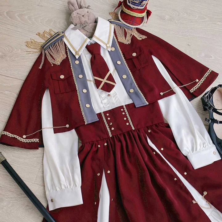 [Pre] Military Lolita Goth Lolita Girl Commander Black Red Set Dress Cool Outfit Punk Style Cloak Skirt