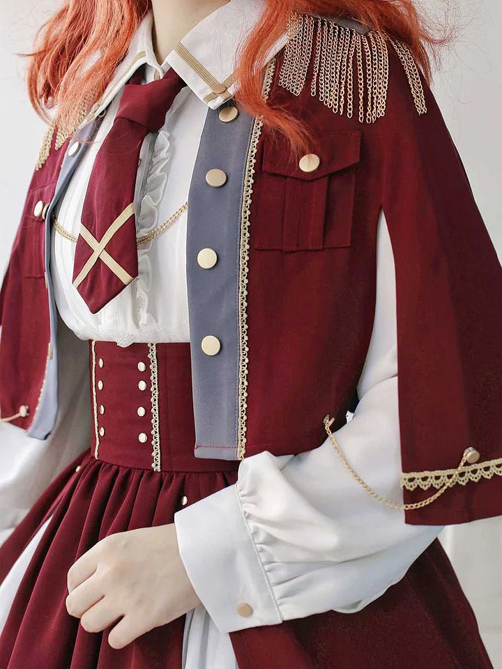 [Pre] Military Lolita Goth Lolita Girl Commander Black Red Set Dress Cool Outfit Punk Style Cloak Skirt