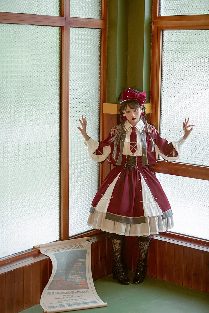 [Pre] Military Lolita Goth Lolita Girl Commander Black Red Set Dress Cool Outfit Punk Style Cloak Skirt