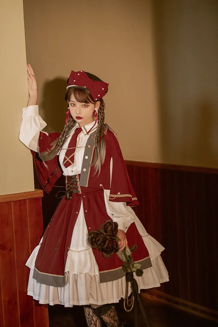[Pre] Military Lolita Goth Lolita Girl Commander Black Red Set Dress Cool Outfit Punk Style Cloak Skirt