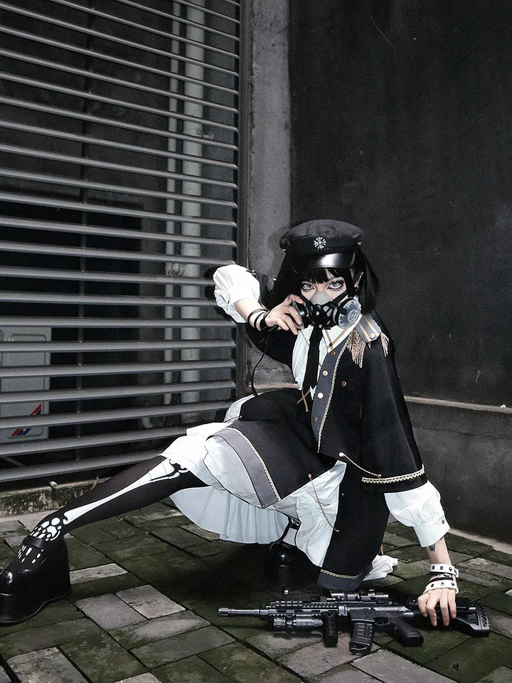 [Pre] Military Lolita Goth Lolita Girl Commander Black Red Set Dress Cool Outfit Punk Style Cloak Skirt