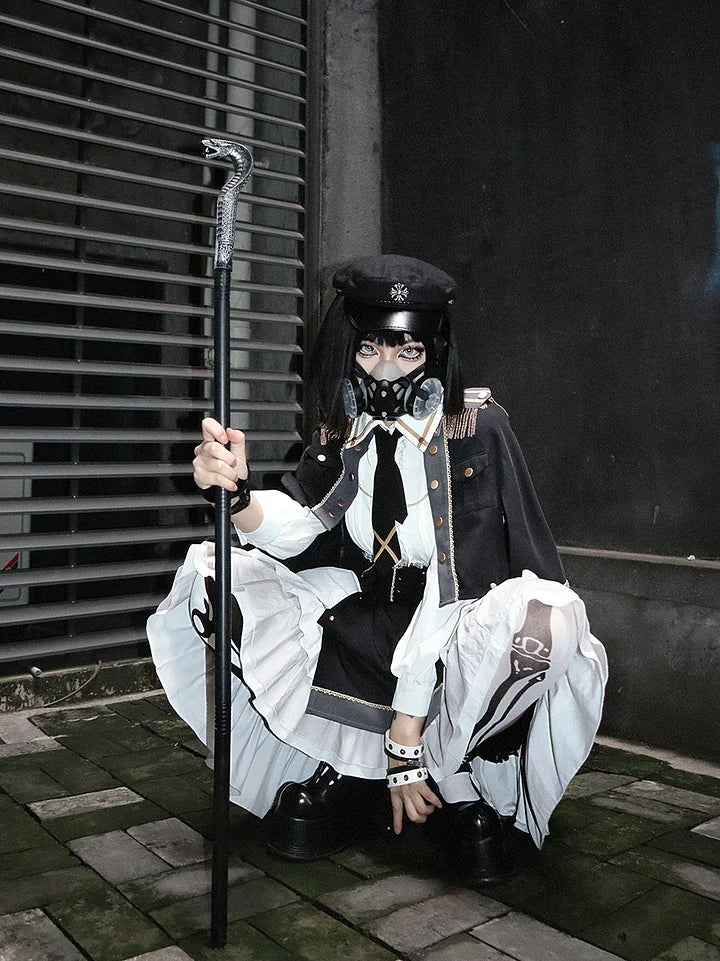 [Pre] Military Lolita Goth Lolita Girl Commander Black Red Set Dress Cool Outfit Punk Style Cloak Skirt