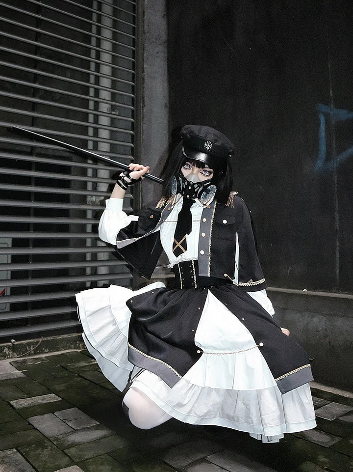 [Pre] Military Lolita Goth Lolita Girl Commander Black Red Set Dress Cool Outfit Punk Style Cloak Skirt