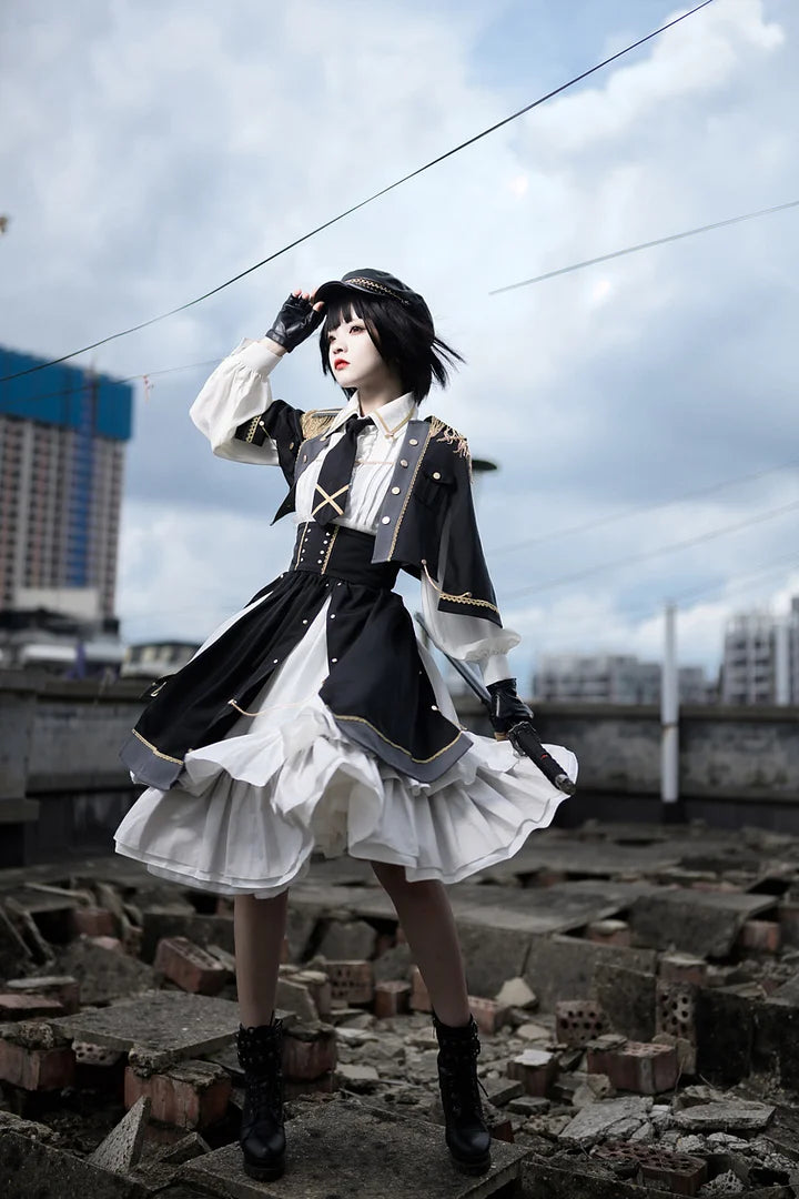 [Pre] Military Lolita Goth Lolita Girl Commander Black Red Set Dress Cool Outfit Punk Style Cloak Skirt