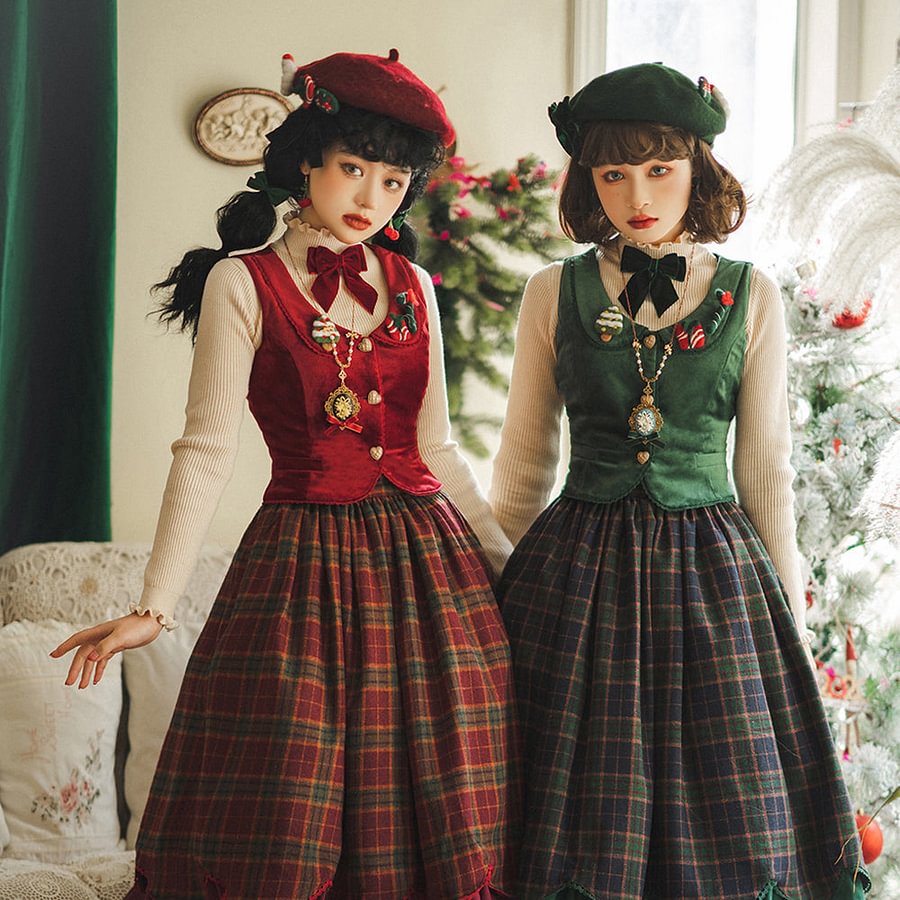 [Pre]Christmas Preppy Style Velvet Classic Lolita Skirt Vest Set Dress