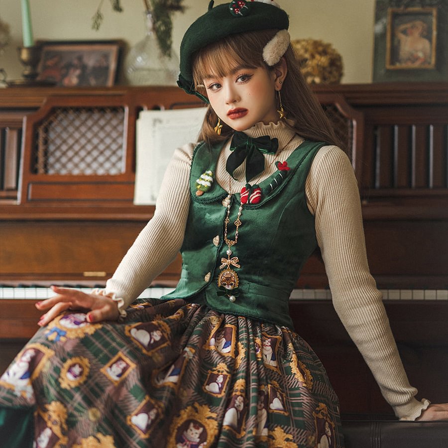[Pre]Christmas Preppy Style Velvet Classic Lolita Skirt Vest Set Dress
