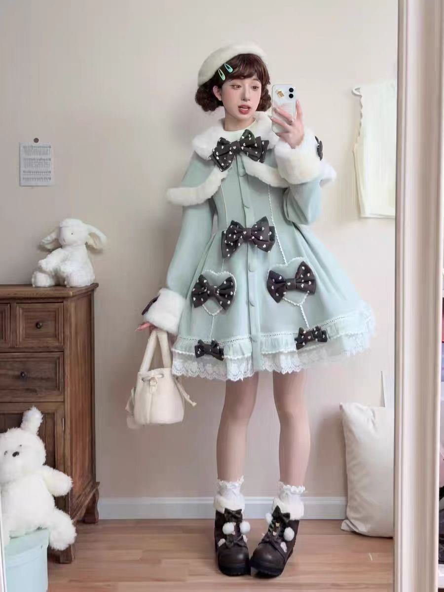 [Pre]Lolita Coat Sweet Winter Faux Fur Collar Princess Overcoat Thermal Holiday Dressy Outerwear