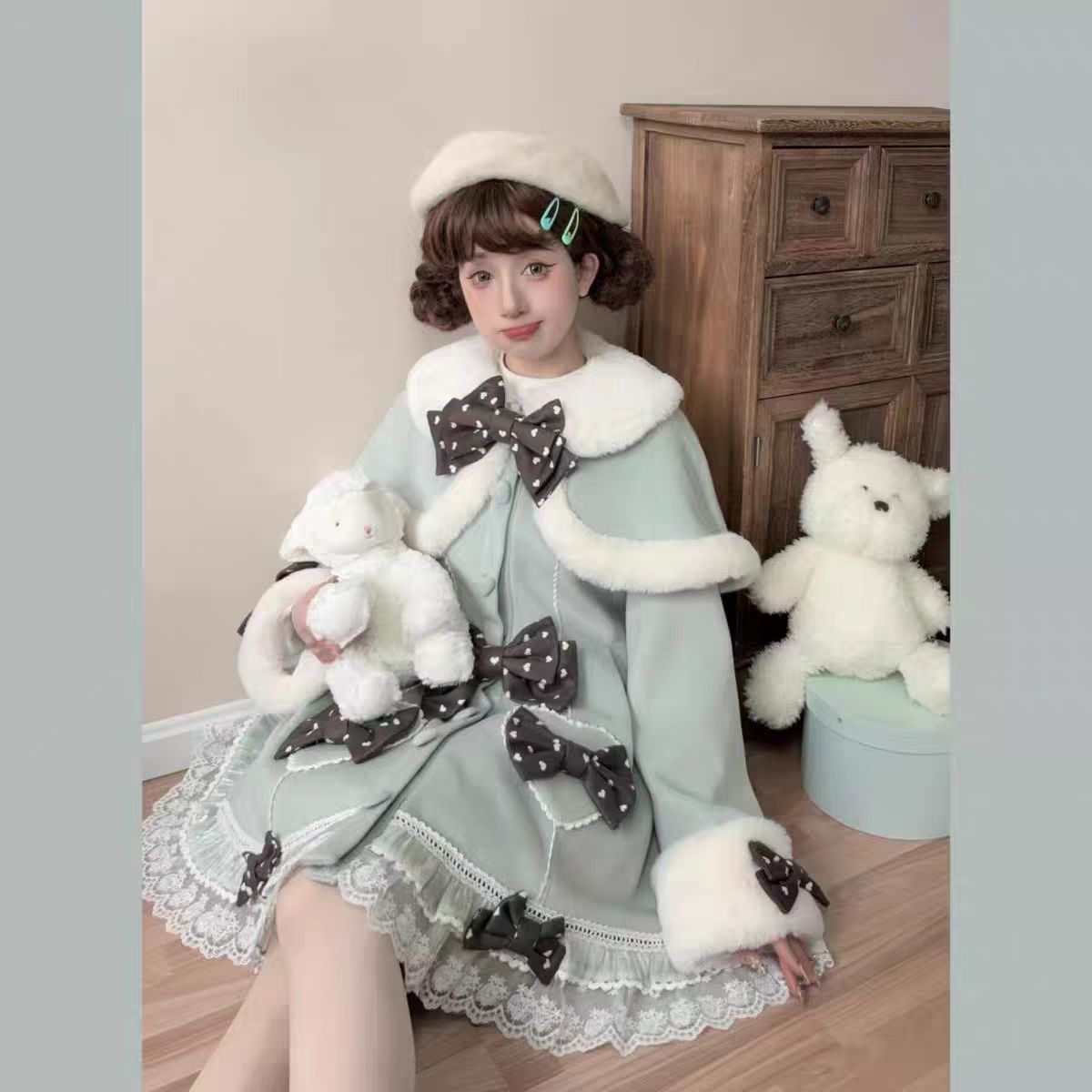 [Pre]Lolita Coat Sweet Winter Faux Fur Collar Princess Overcoat Thermal Holiday Dressy Outerwear