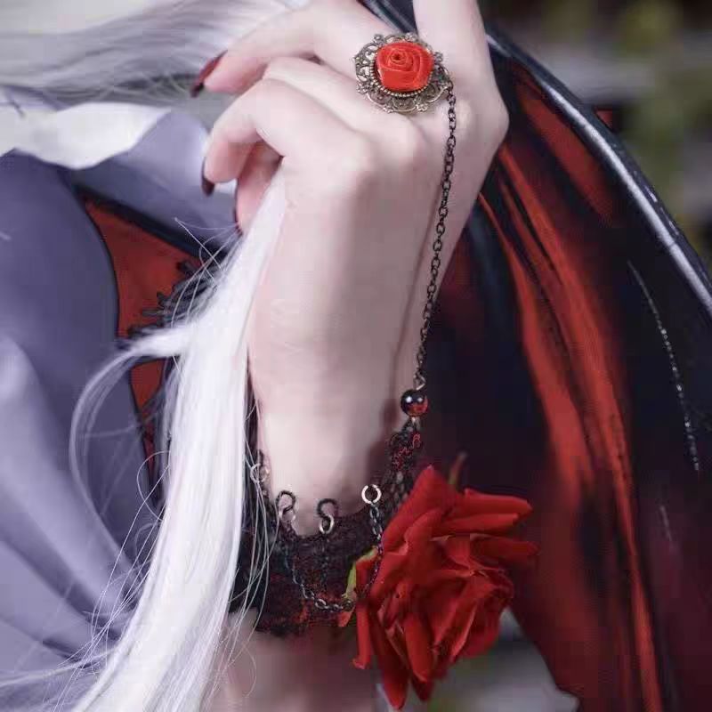 Punk Lace Cuff Vintage Gothic Lolita Bracelet Halloween Rose Skeleton Hand Chain