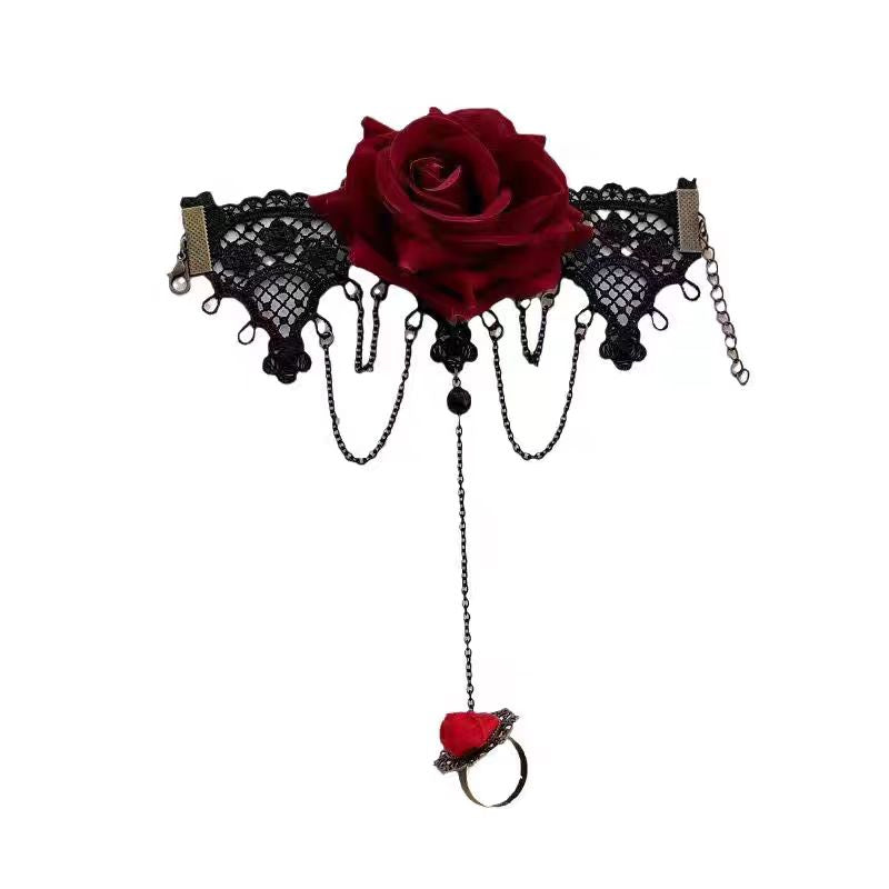Punk Lace Cuff Vintage Gothic Lolita Bracelet Halloween Rose Skeleton Hand Chain