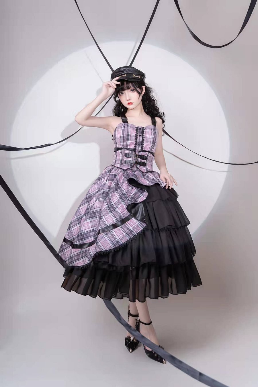 Punk Lolita Purple Black British SK Checker Cake Dress