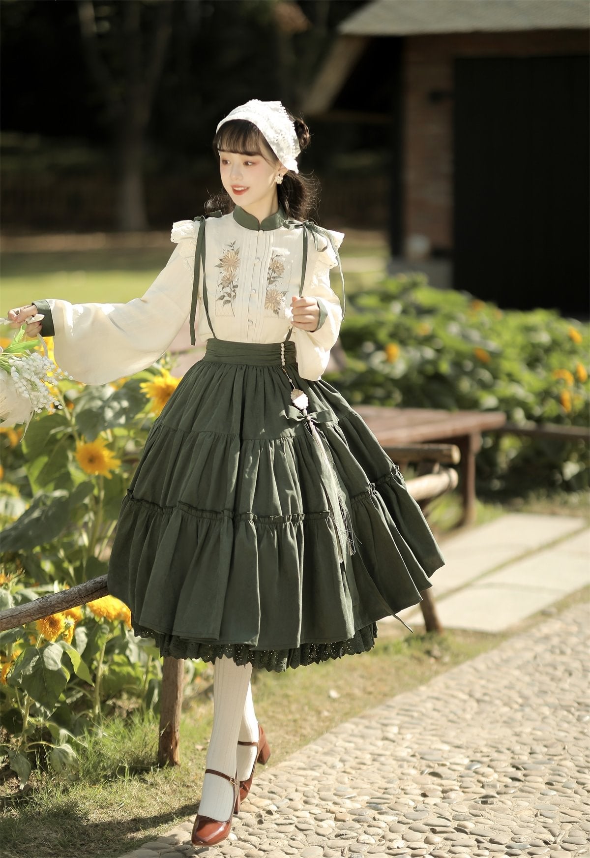 Qi Lolita Classic Elegant Green Long Dress Two-piece Lolita Pastoral Long-sleeved Shirt
