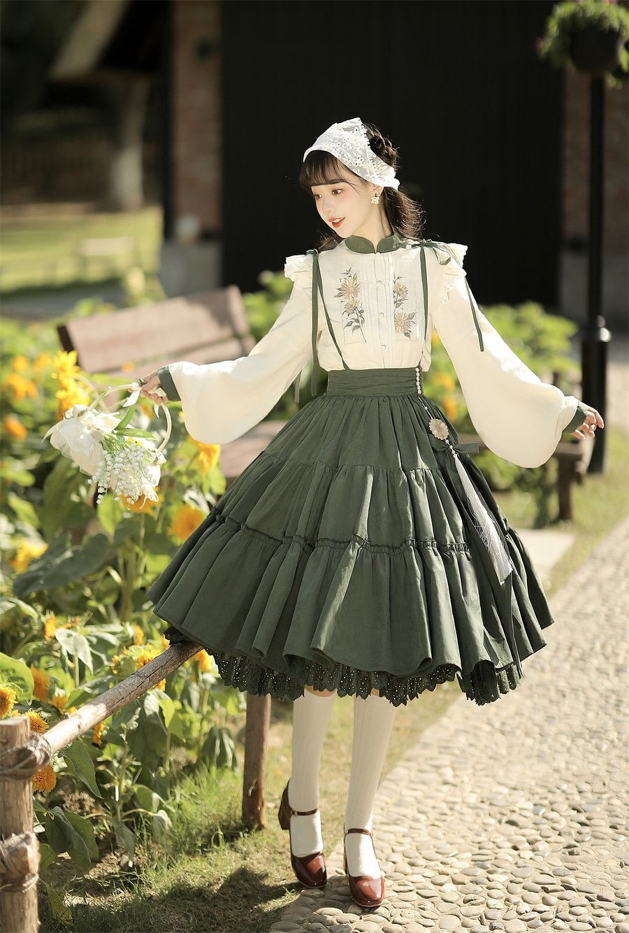 Qi Lolita Classic Elegant Green Long Dress Two-piece Lolita Pastoral Long-sleeved Shirt