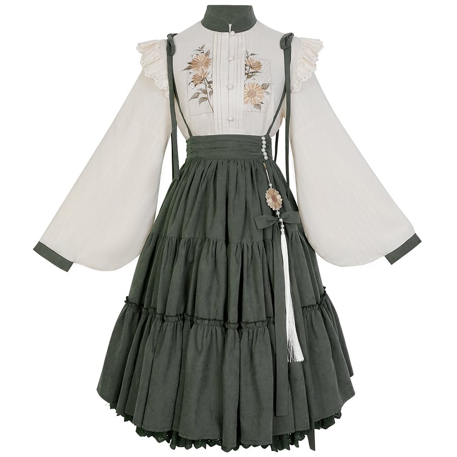 Qi Lolita Classic Elegant Green Long Dress Two-piece Lolita Pastoral Long-sleeved Shirt