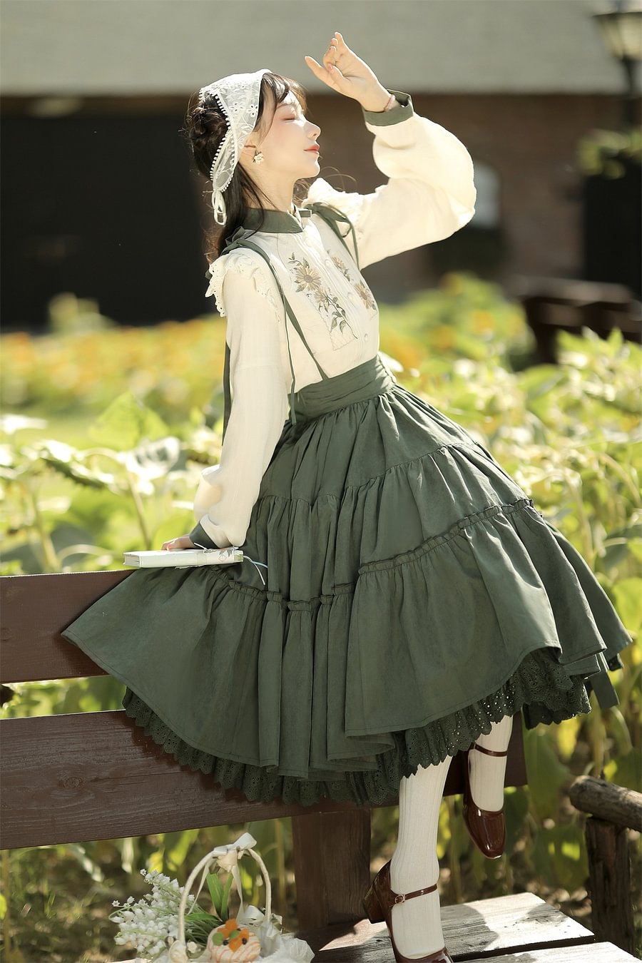 Qi Lolita Classic Elegant Green Long Dress Two-piece Lolita Pastoral Long-sleeved Shirt