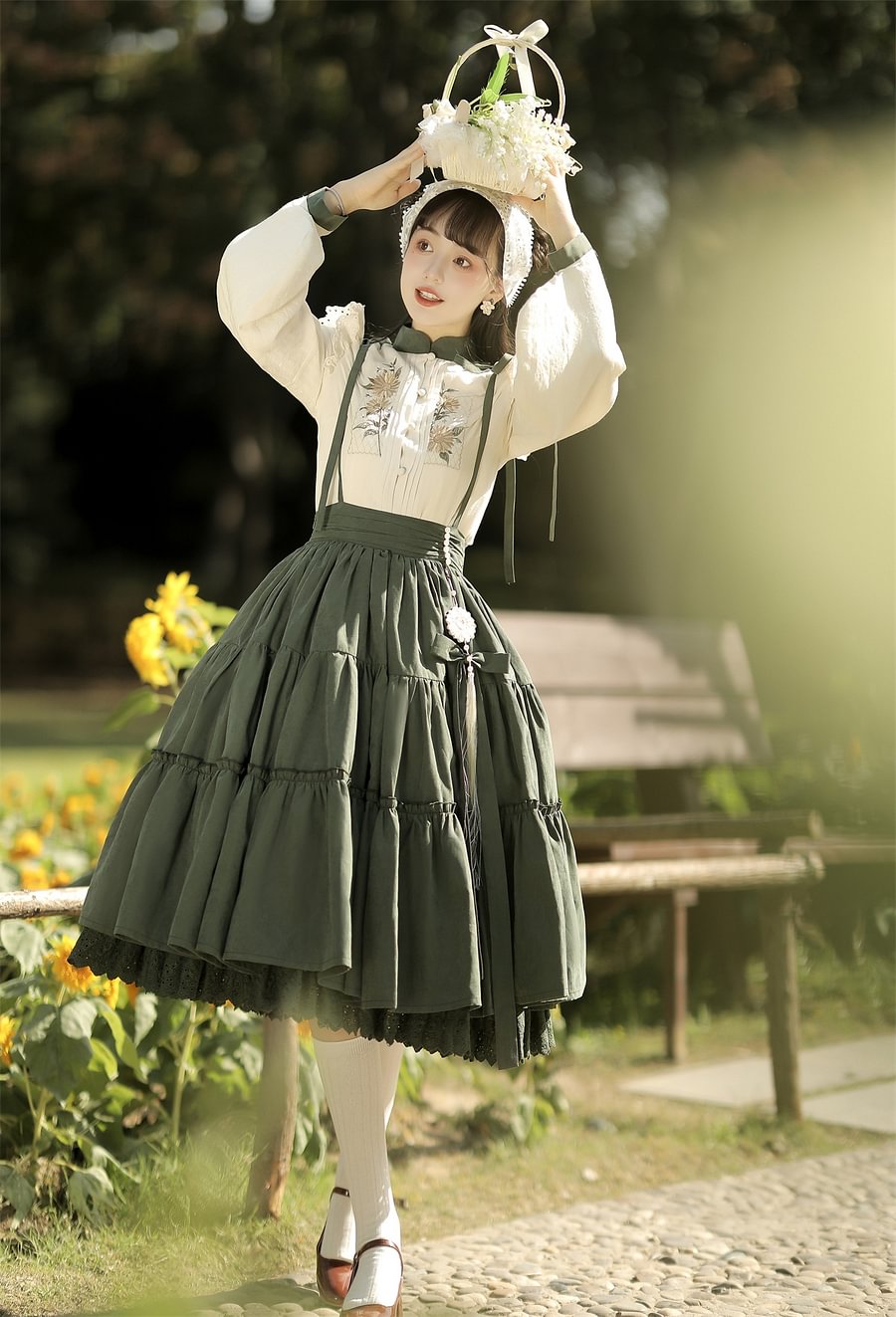 Qi Lolita Classic Elegant Green Long Dress Two-piece Lolita Pastoral Long-sleeved Shirt