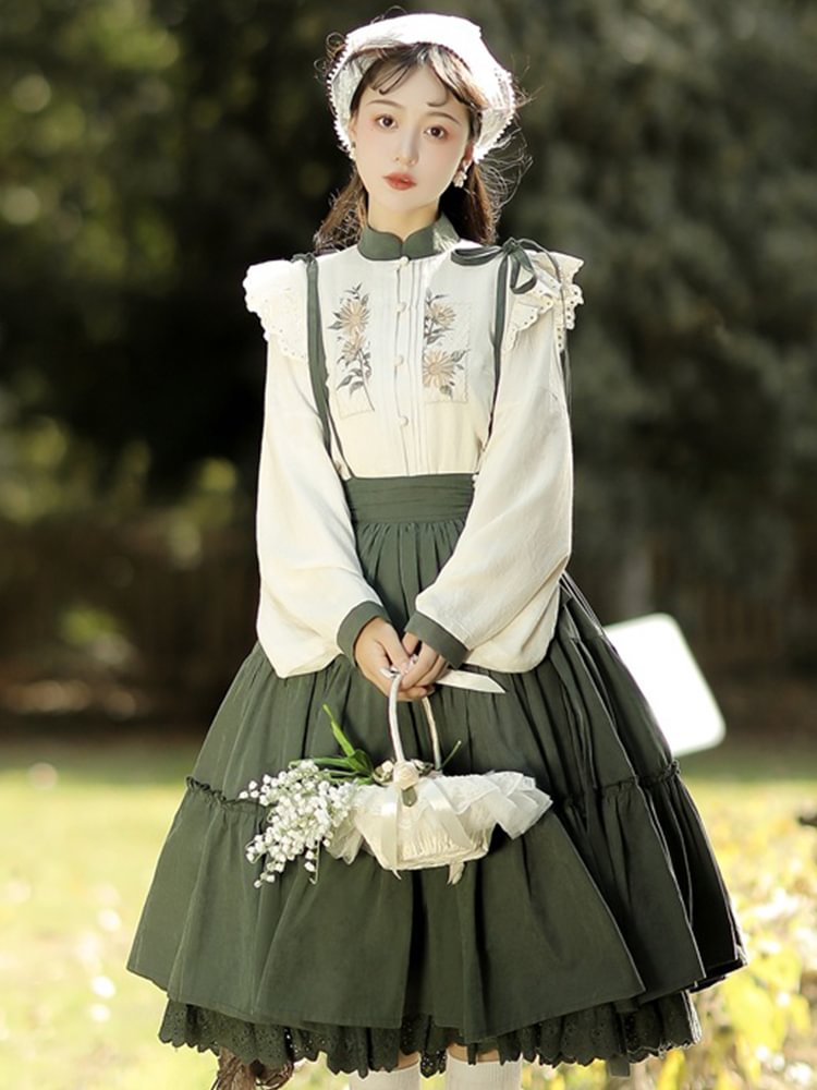 Qi Lolita Classic Elegant Green Long Dress Two-piece Lolita Pastoral Long-sleeved Shirt