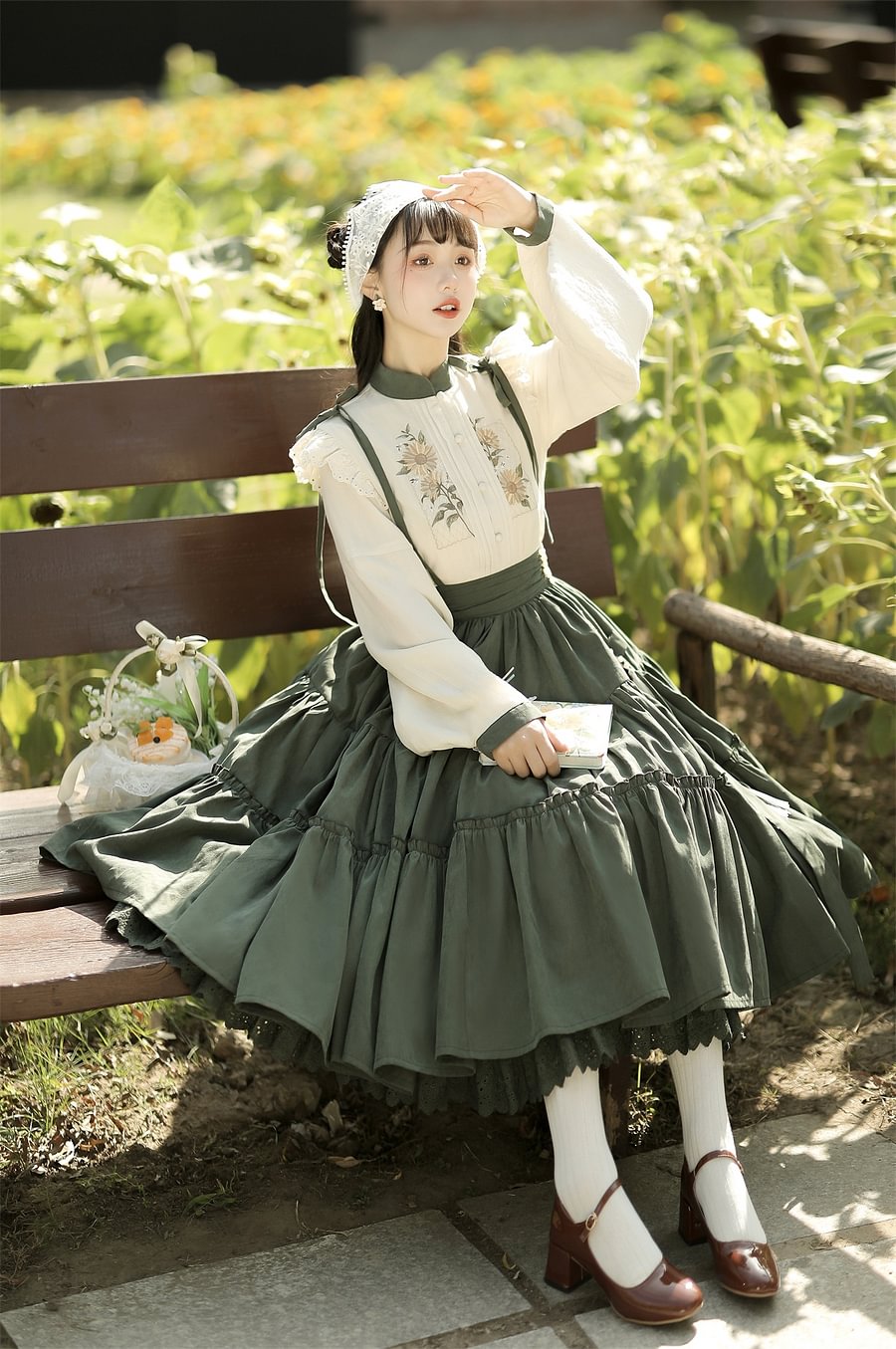 Qi Lolita Classic Elegant Green Long Dress Two-piece Lolita Pastoral Long-sleeved Shirt