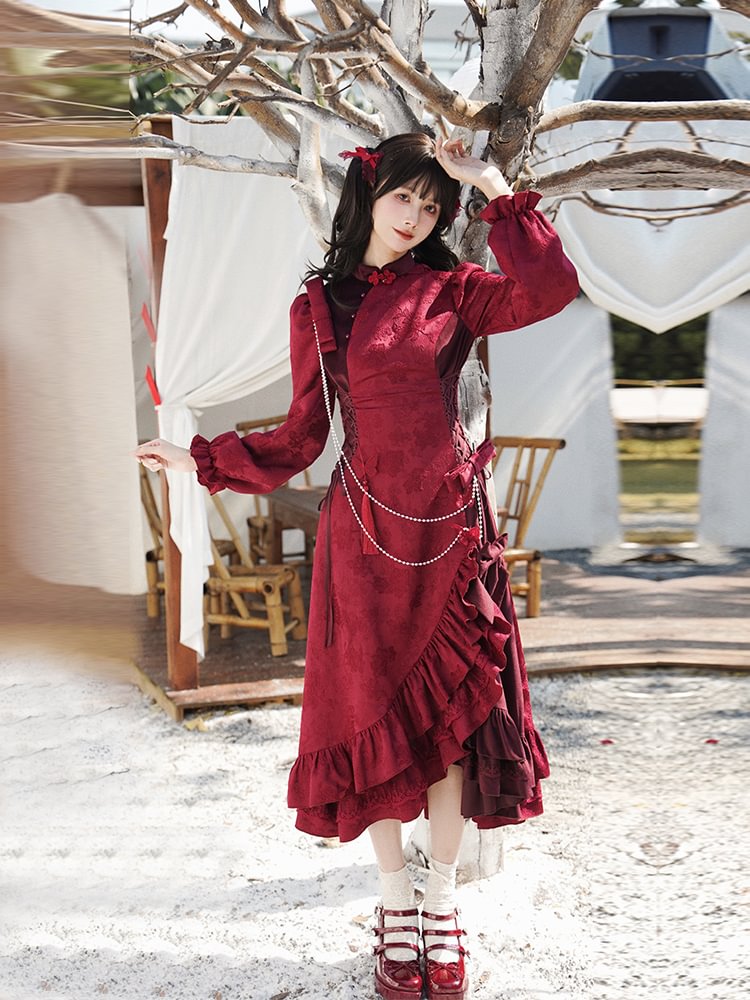Qi Lolita Clothes Red Christmas Lolita Outfit Atmosphere Velvet Ruffle Cheongsam Dress Lolita