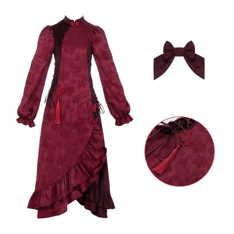 Qi Lolita Clothes Red Christmas Lolita Outfit Atmosphere Velvet Ruffle Cheongsam Dress Lolita