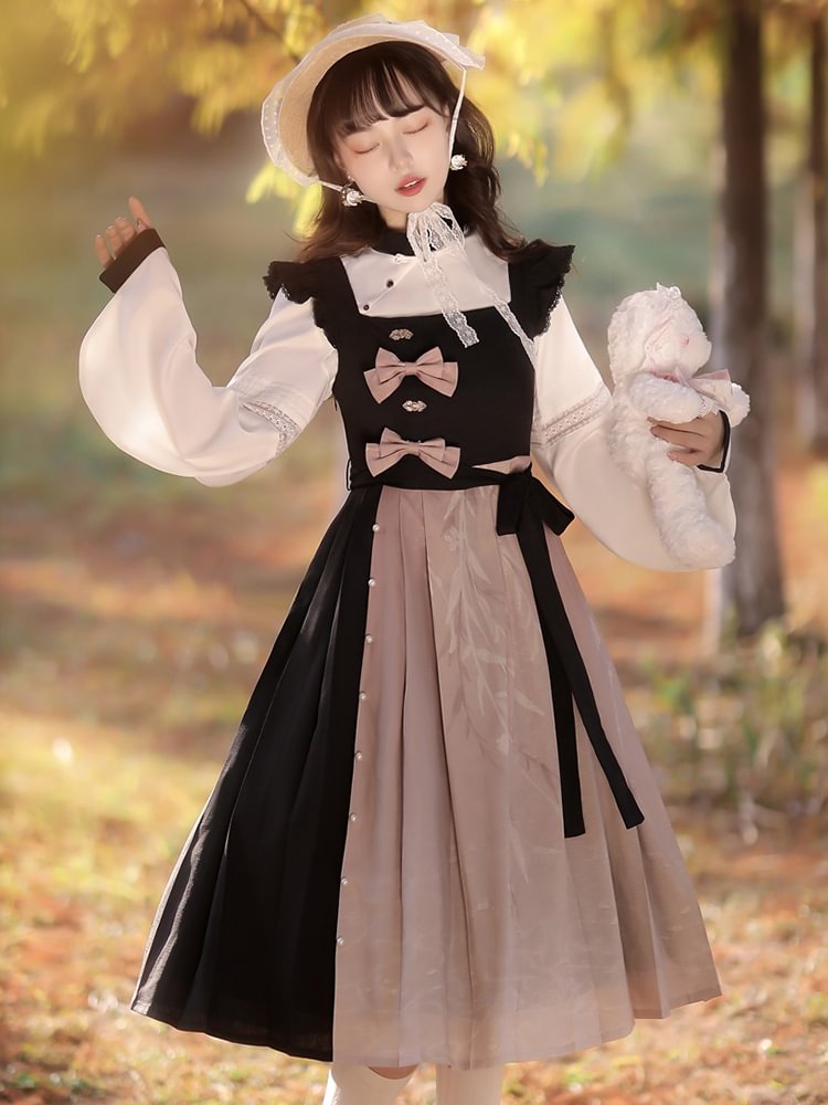 Qi Lolita Elegant Black Pink Shirt Long Dress Two-piece Lolita Daily Bow Dress OP