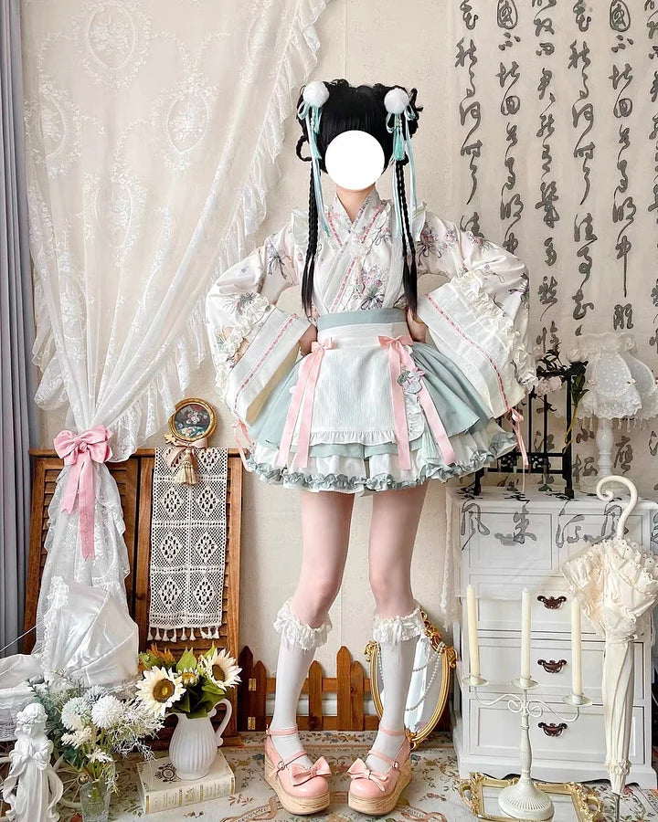 Qi Lolita Grass Green Maid Outfit Lolita Dress Long-sleeve Sweet Lolita