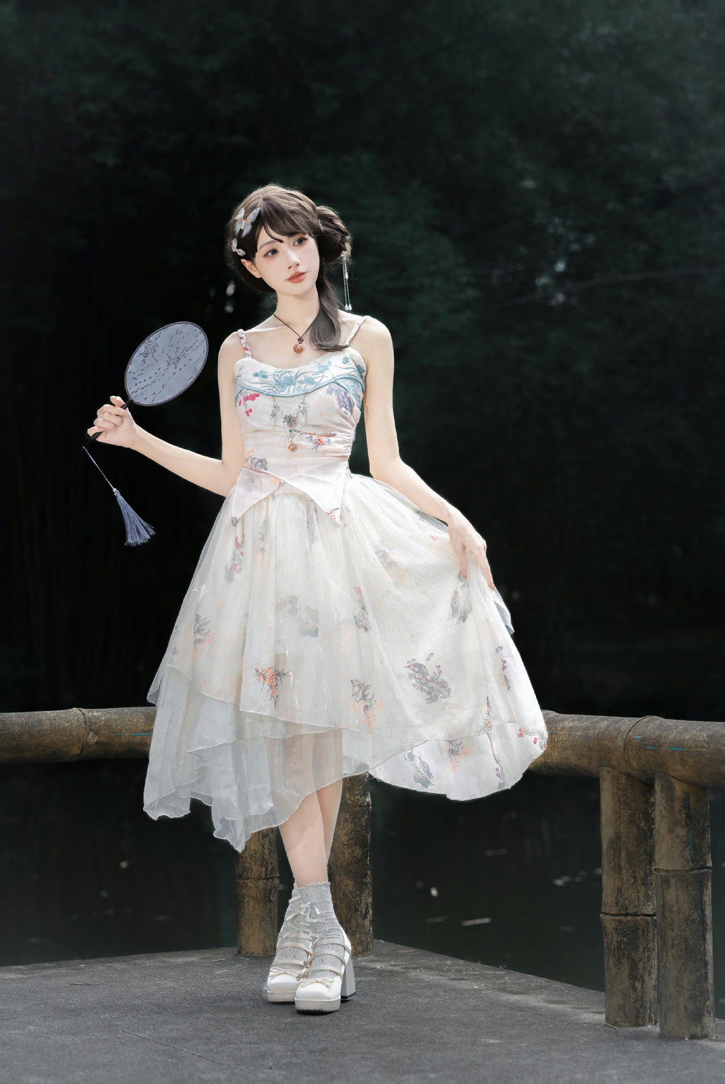 Qi Lolita Hime Floral Tulle Layer Skirt Split Sling Skirt Original Printing