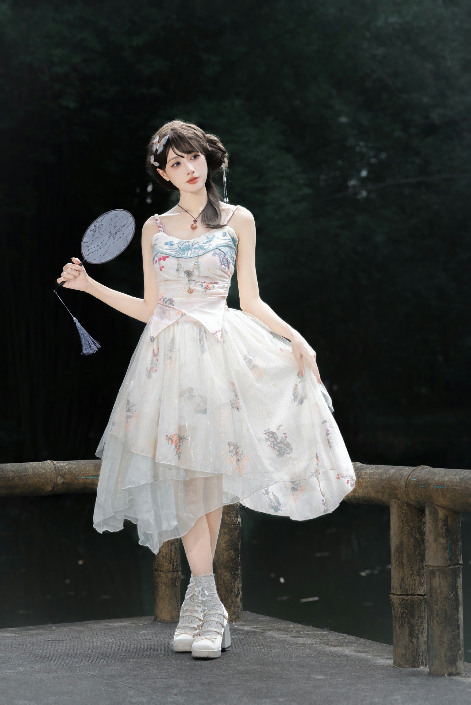 Qi Lolita Hime Floral Tulle Layer Skirt Split Sling Skirt Original Printing