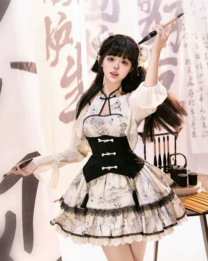 Qi Lolita Lolita Outfit Ink Bamboo Print Lolita Fashion Sweet Dress