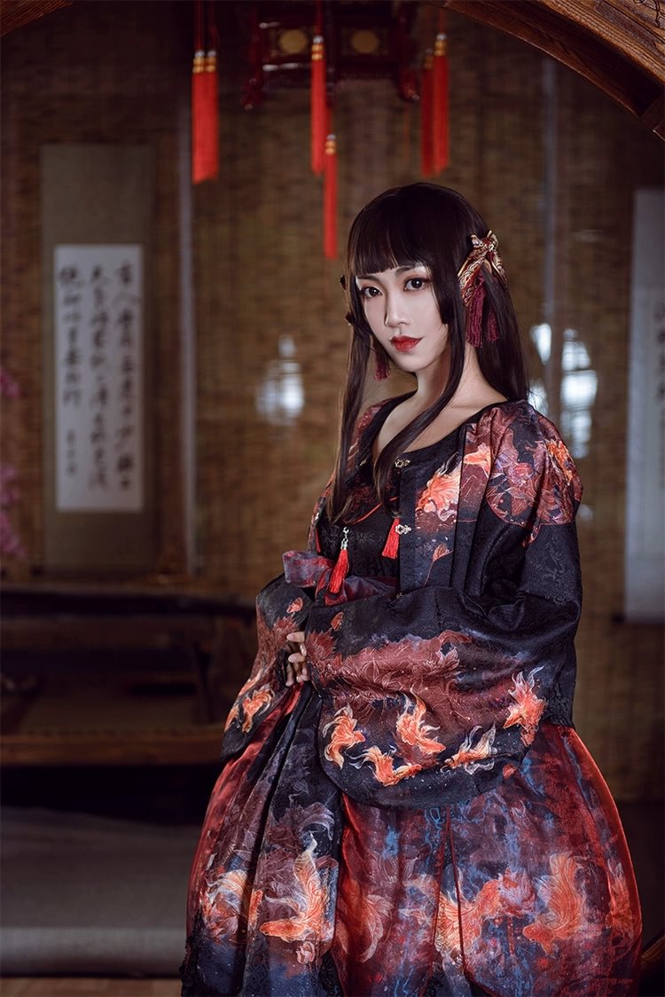 Qi Lolita Prom Dresses Fringe Lace Dress Red with Black Ruffle Hem Printed JSK