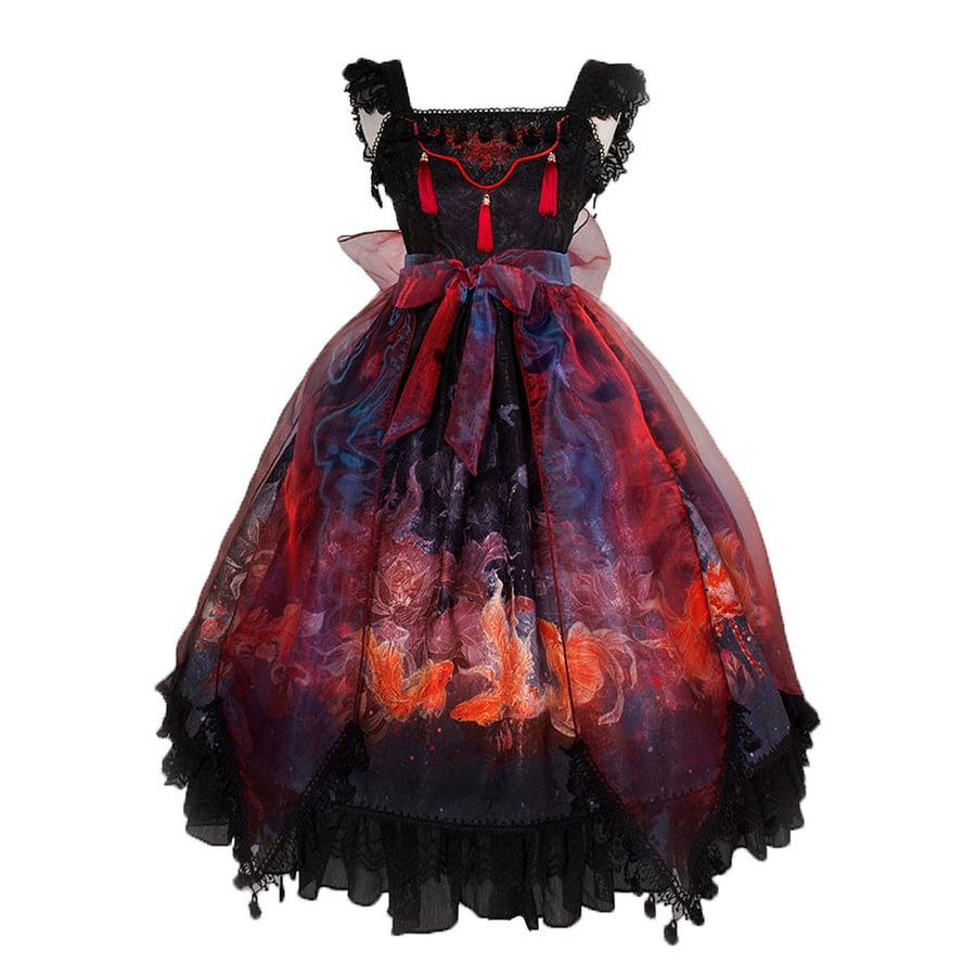 Qi Lolita Prom Dresses Fringe Lace Dress Red with Black Ruffle Hem Printed JSK