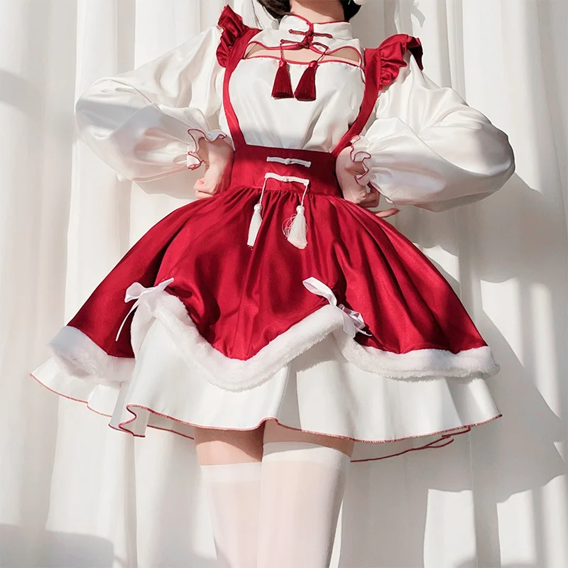 Qi Lolita Red Dress Japanese Maid Dress OP Plus Size 3XL Lolita Dress