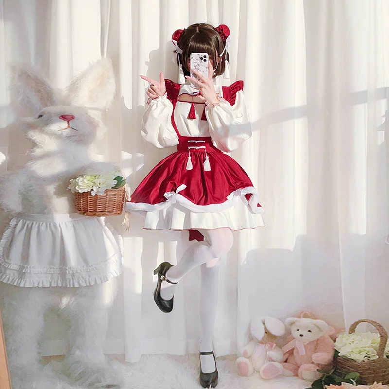 Qi Lolita Red Dress Japanese Maid Dress OP Plus Size 3XL Lolita Dress