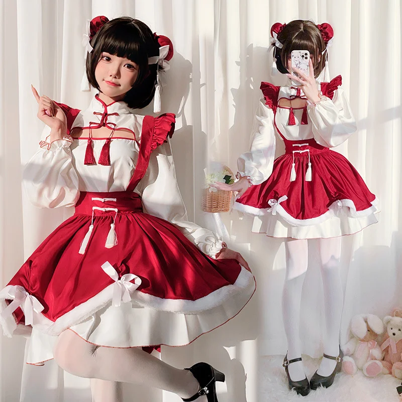 Qi Lolita Red Dress Japanese Maid Dress OP Plus Size 3XL Lolita Dress