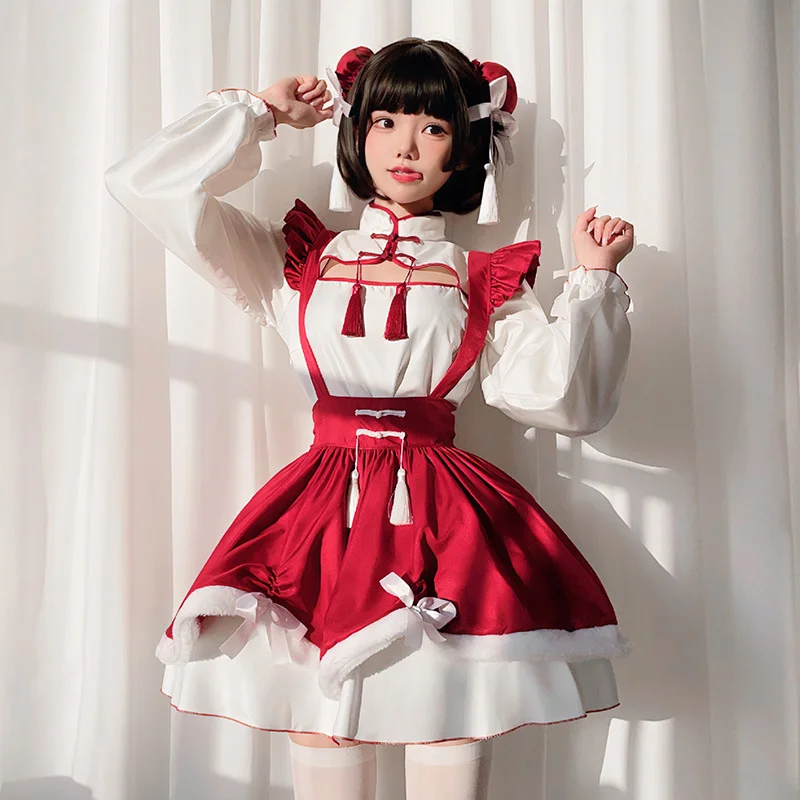 Qi Lolita Red Dress Japanese Maid Dress OP Plus Size 3XL Lolita Dress