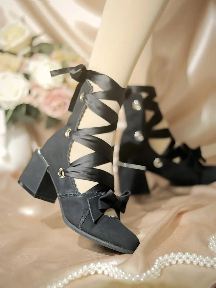 Lolita Shoes Red Red Pink Round Head Thick Strap Bow Elegant High Heels for Christmas