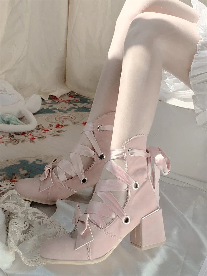 Lolita Shoes Red Red Pink Round Head Thick Strap Bow Elegant High Heels for Christmas