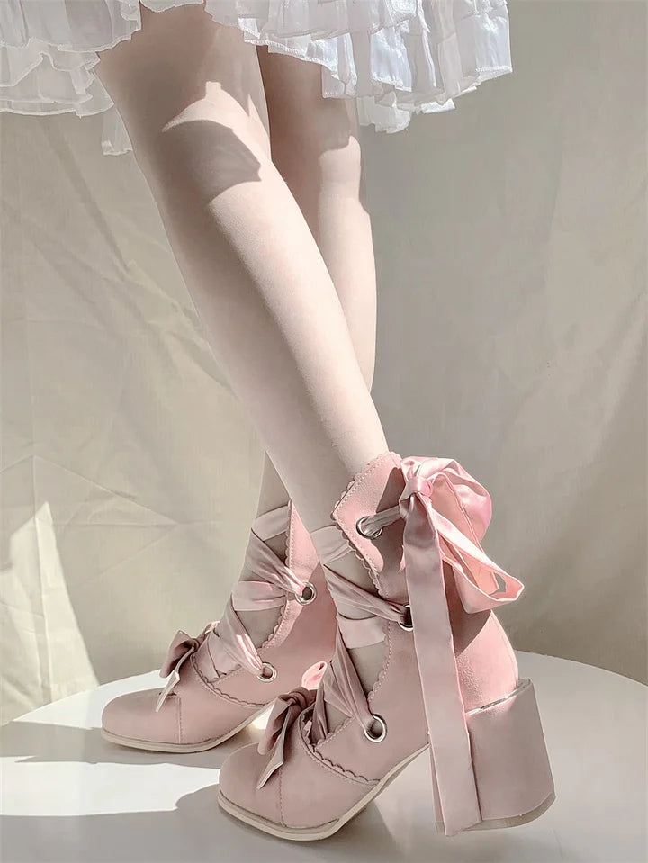 Lolita Shoes Red Red Pink Round Head Thick Strap Bow Elegant High Heels for Christmas